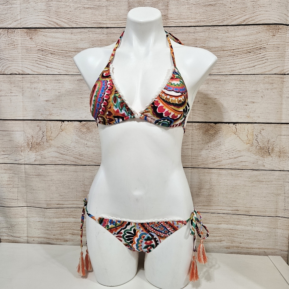 NWOT Paisley Crochet Bikini Tie Swimsuit Orange Small